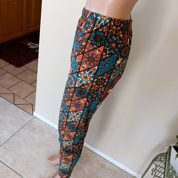 Comfortable Legging Girl Pants with Teal, Orange Brown, Crean Print, "Pl… - Picture 2 of 5